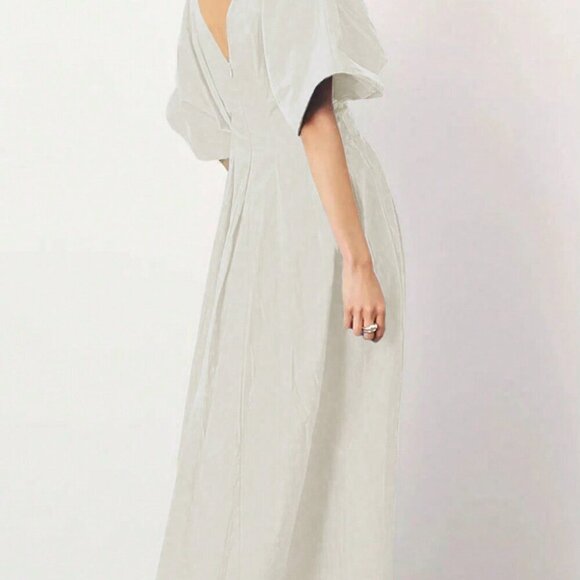 Apricot Casual Women's V-Neck Waist-Cinching Pleated Batwing Long Dress - Picture 2 of 5